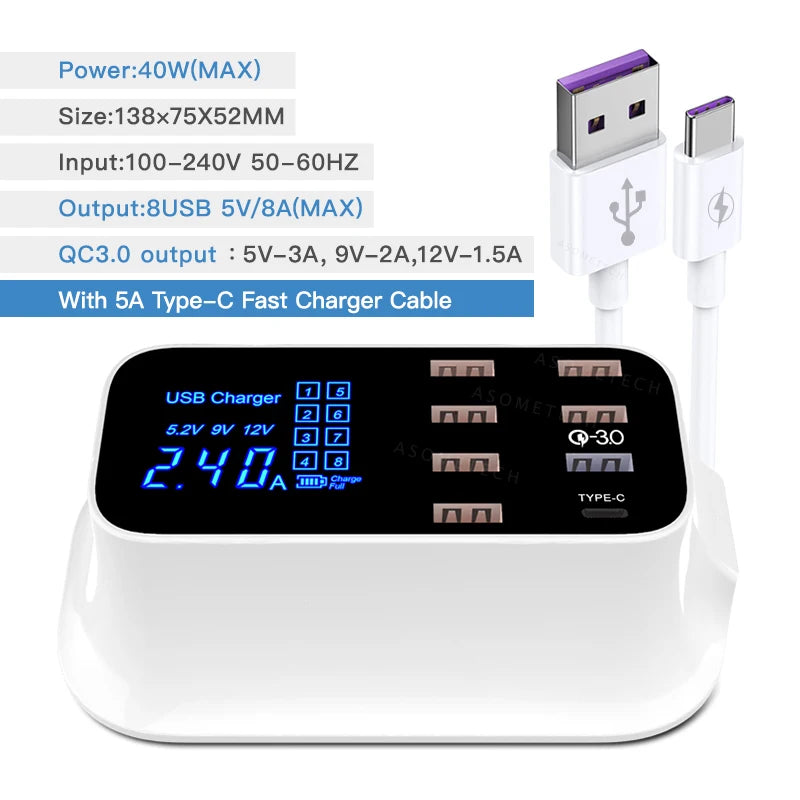 Carregador USB de 8 portas com QC3.0, PD18W e visor LED
