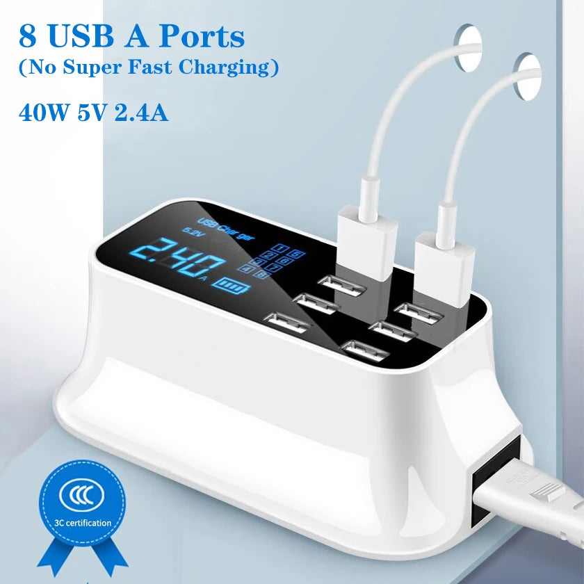 Carregador USB de 8 portas com QC3.0, PD18W e visor LED