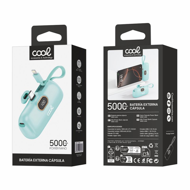 Bateria Externa Power Bank 5.000 mAh COOL Cápsula Mint