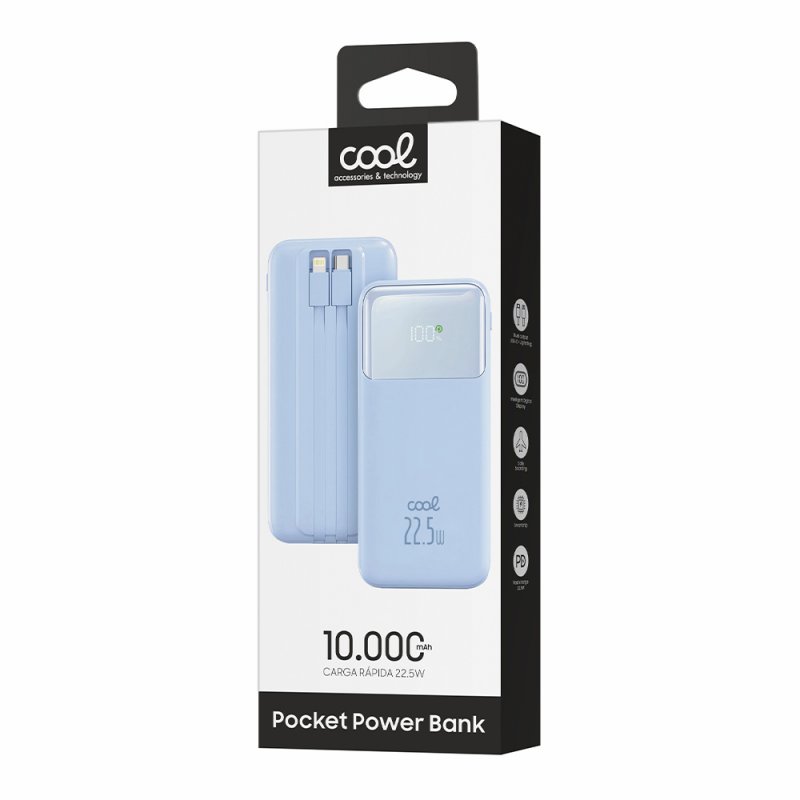 Batería Externa Universal Power Bank 10.000 mAh Carga Rápida 22.5W COOL Pocket Celeste
