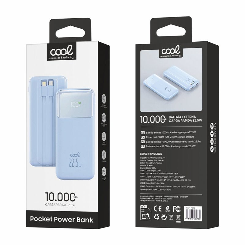 Batería Externa Universal Power Bank 10.000 mAh Carga Rápida 22.5W COOL Pocket Celeste