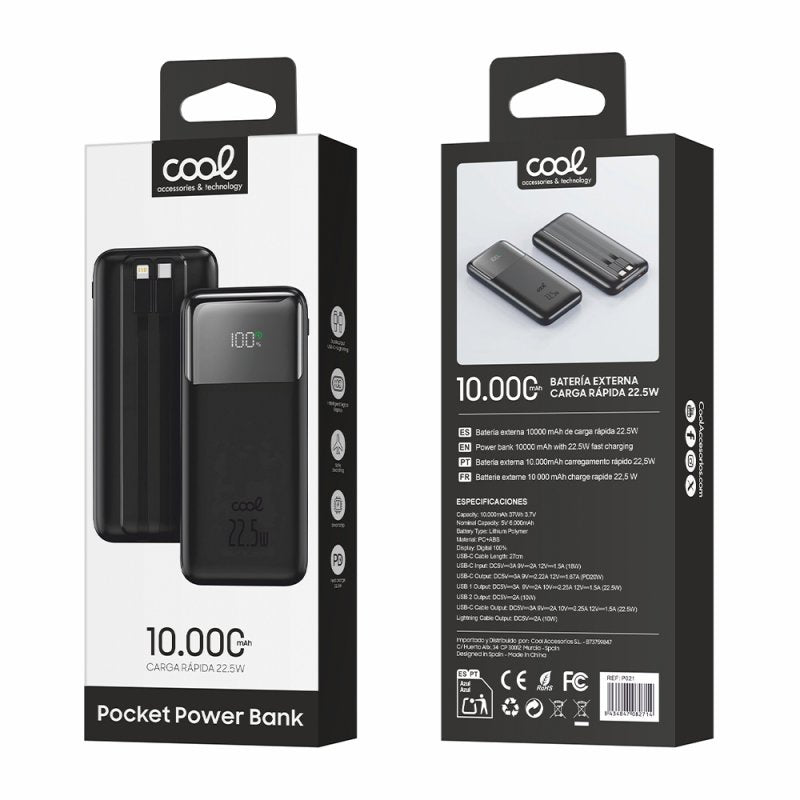 Batería Externa Universal Power Bank 10.000 mAh Carga Rápida 22.5W COOL Pocket Negro