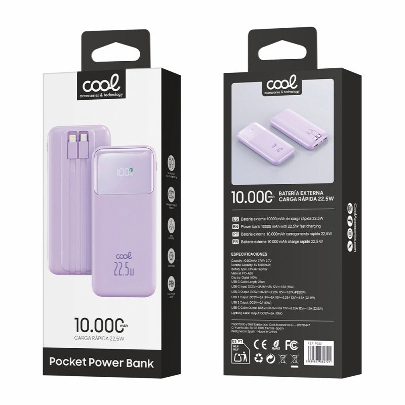 Batería Externa Universal Power Bank 10.000 mAh Carga Rápida 22.5W COOL Pocket Violeta