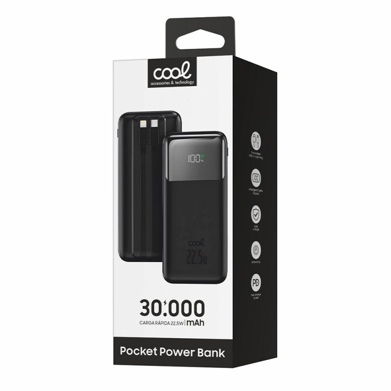 Bateria Externa Universal Power Bank Carga Rápida 22.5W 30.000 mAh (Tipo-C / Lightning) COOL Negro