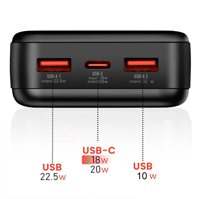Bateria Externa Universal Power Bank Carga Rápida 22.5W 30.000 mAh (Tipo-C / Lightning) COOL Negro