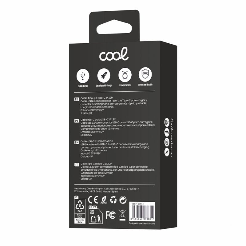 Cable USB Compatible COOL Universal TIPO-C a TIPO-C (1.2 metros) Negro 3 Amp