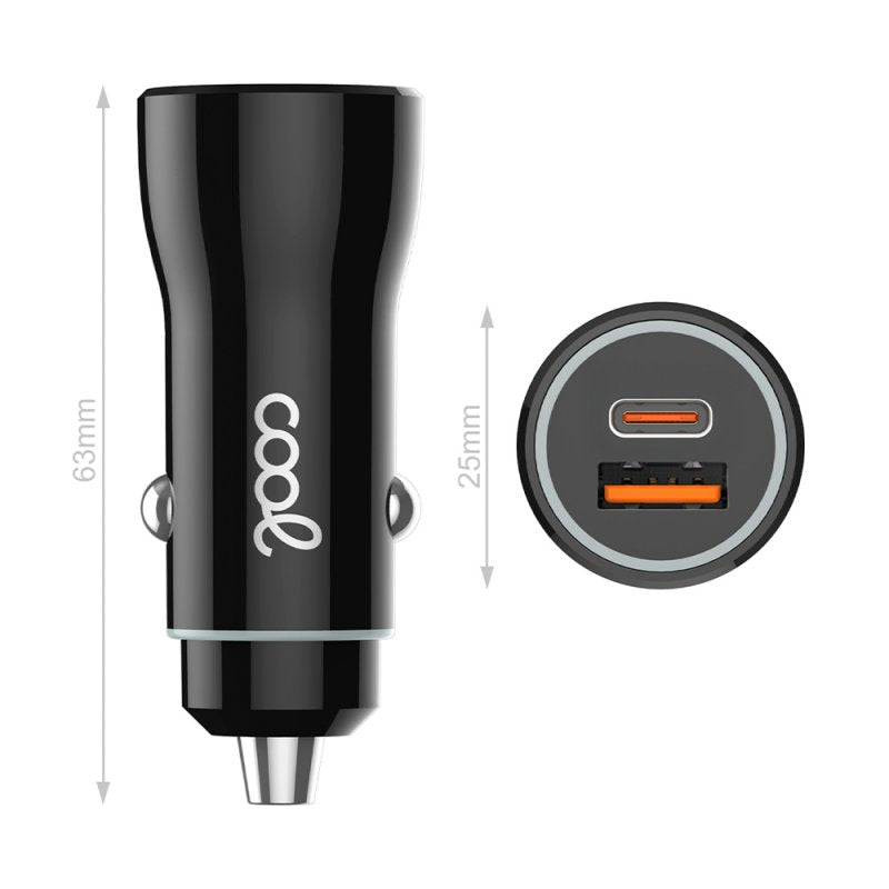 Cargador Coche Cable Tipo C (2x USB + Tipo-C) COOL 38W Kit 2 en 1 Negro