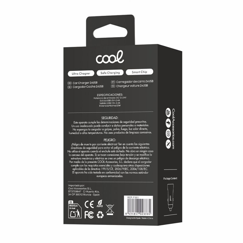 Cargador Coche Universal Doble Entrada Usb COOL Negro 2.4 Amp