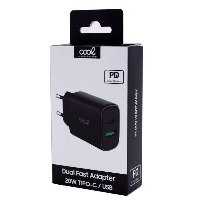 Cargador Red Universal Fast Adapt. (PD) Dual USB-A / USB-C COOL (20W) Negro