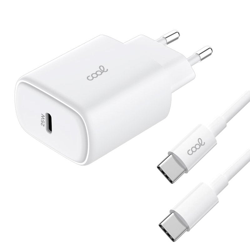 Cargador Red Universal Fast Adapt. (PD) Tipo-C COOL (25W) Blanco + Cable Tipo-C a Tipo-C