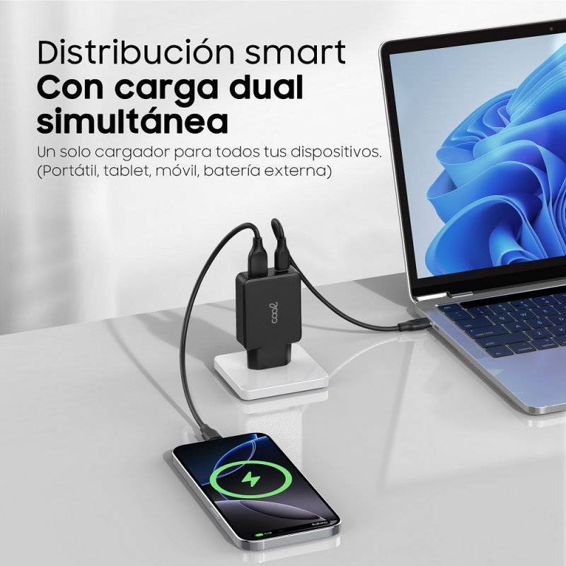 Cargador Red Universal Ultra Fast PD Tipo-C + USB COOL (65W + Cable Tipo-C) GaN Negro