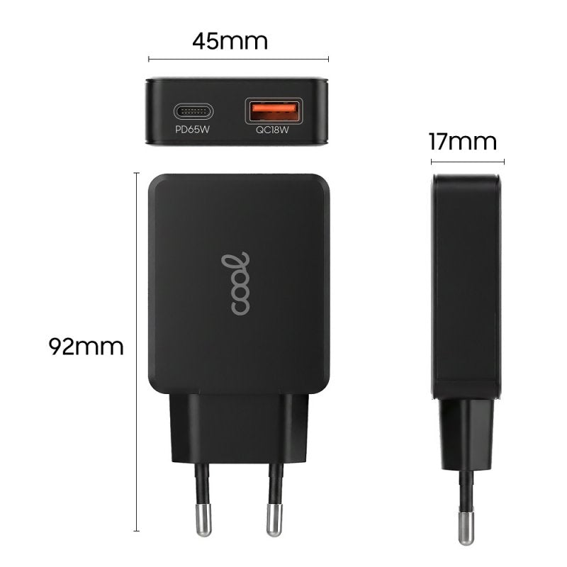 Cargador Red Universal Ultra Fast PD Tipo-C + USB COOL (65W + Cable Tipo-C) GaN Negro