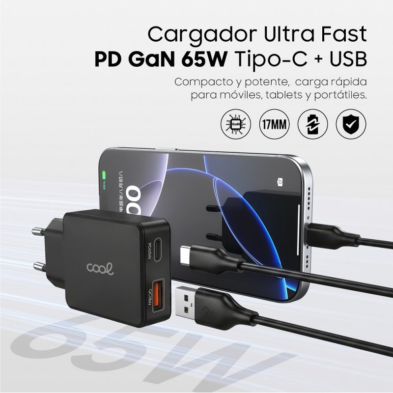 Cargador Red Universal Ultra Fast PD Tipo-C + USB COOL (65W + Cable Tipo-C) GaN Negro