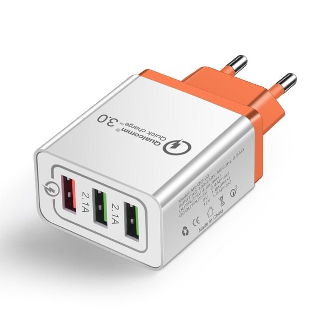 Carregador USB 18W Quick Charge 3.0 com 3 Portas — 5V/3A, Ficha EU/US, para iPhone e Android - Telejacob Shop