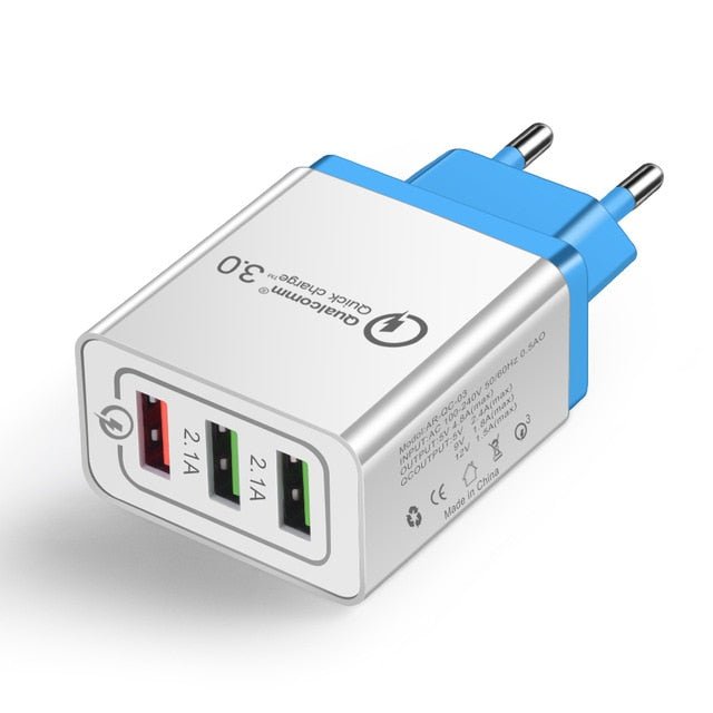 Carregador USB 18W Quick Charge 3.0 com 3 Portas — 5V/3A, Ficha EU/US, para iPhone e Android - Telejacob Shop
