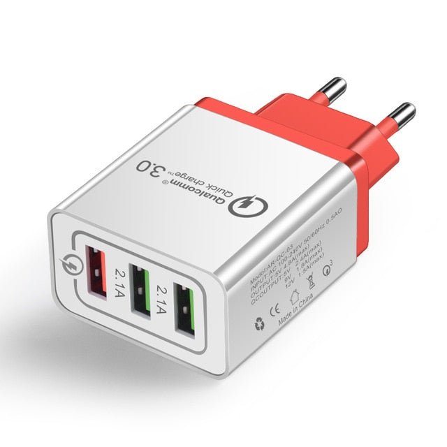 Carregador USB 18W Quick Charge 3.0 com 3 Portas — 5V/3A, Ficha EU/US, para iPhone e Android - Telejacob Shop
