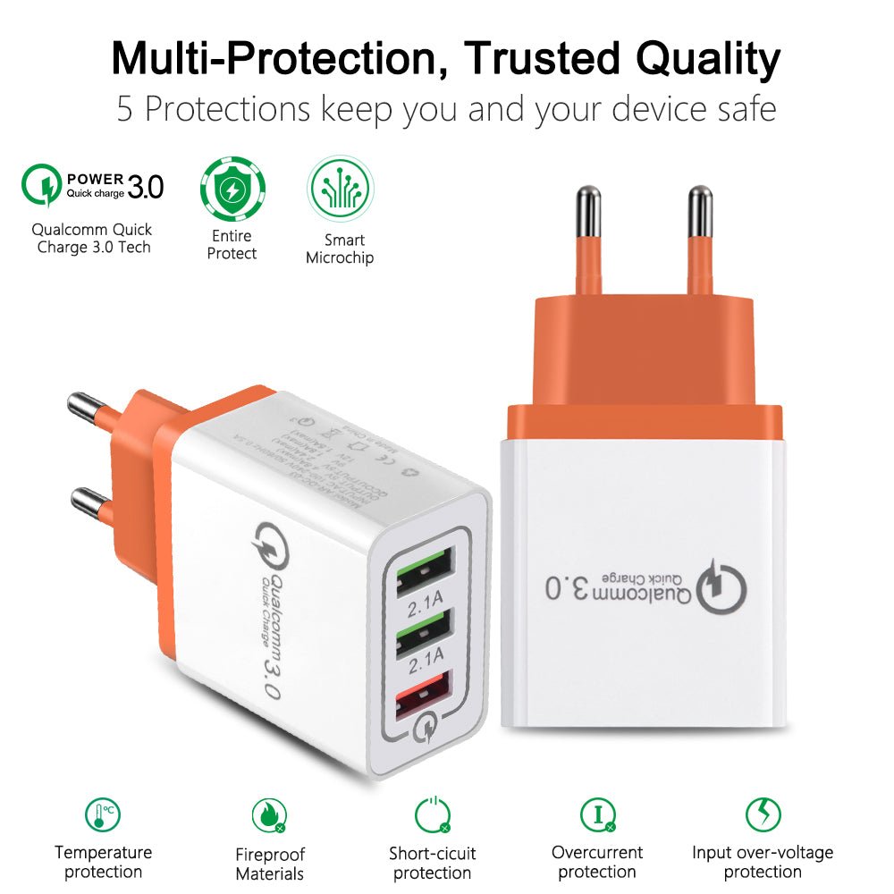 Carregador USB 18W Quick Charge 3.0 com 3 Portas — 5V/3A, Ficha EU/US, para iPhone e Android - Telejacob Shop