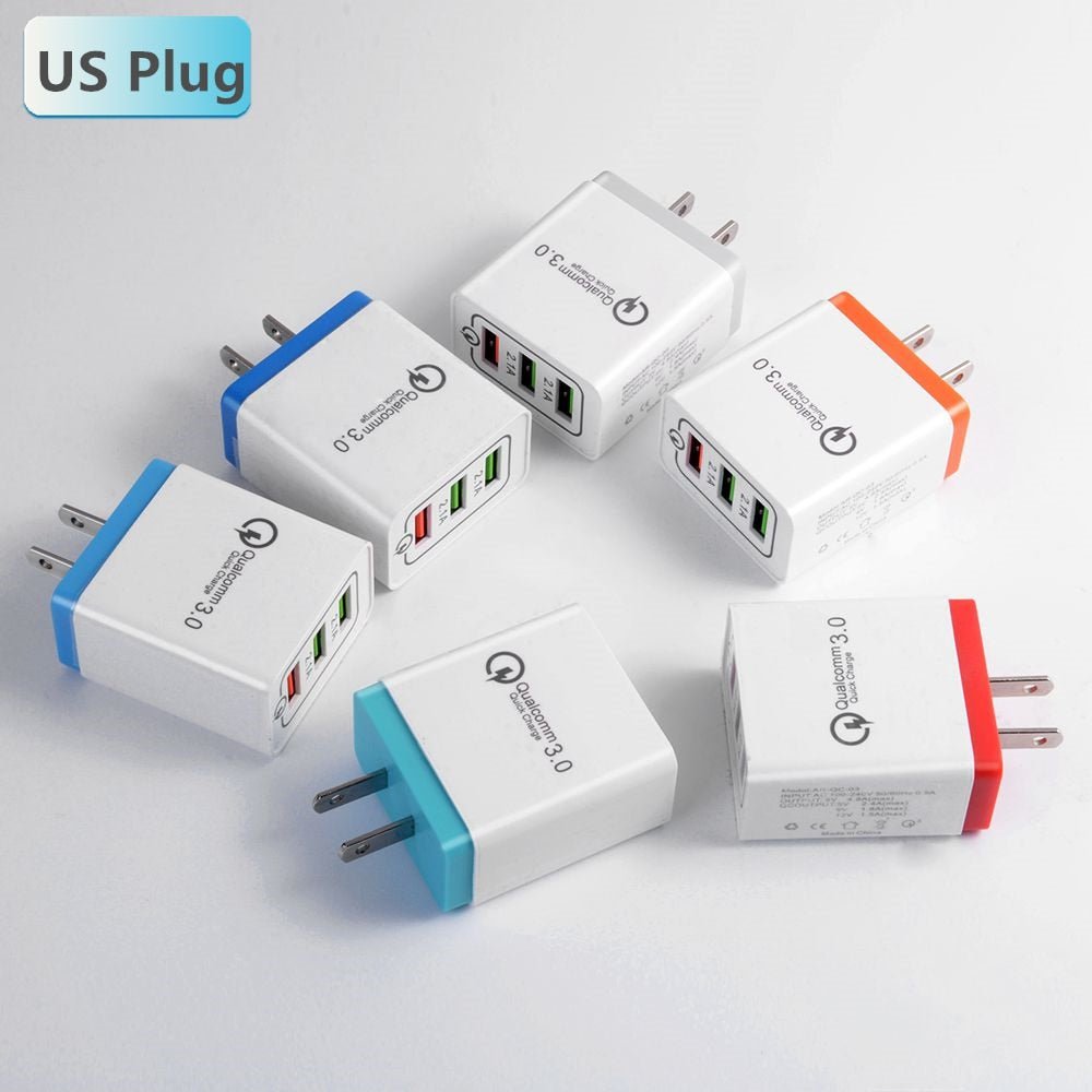 Carregador USB 18W Quick Charge 3.0 com 3 Portas — 5V/3A, Ficha EU/US, para iPhone e Android - Telejacob Shop