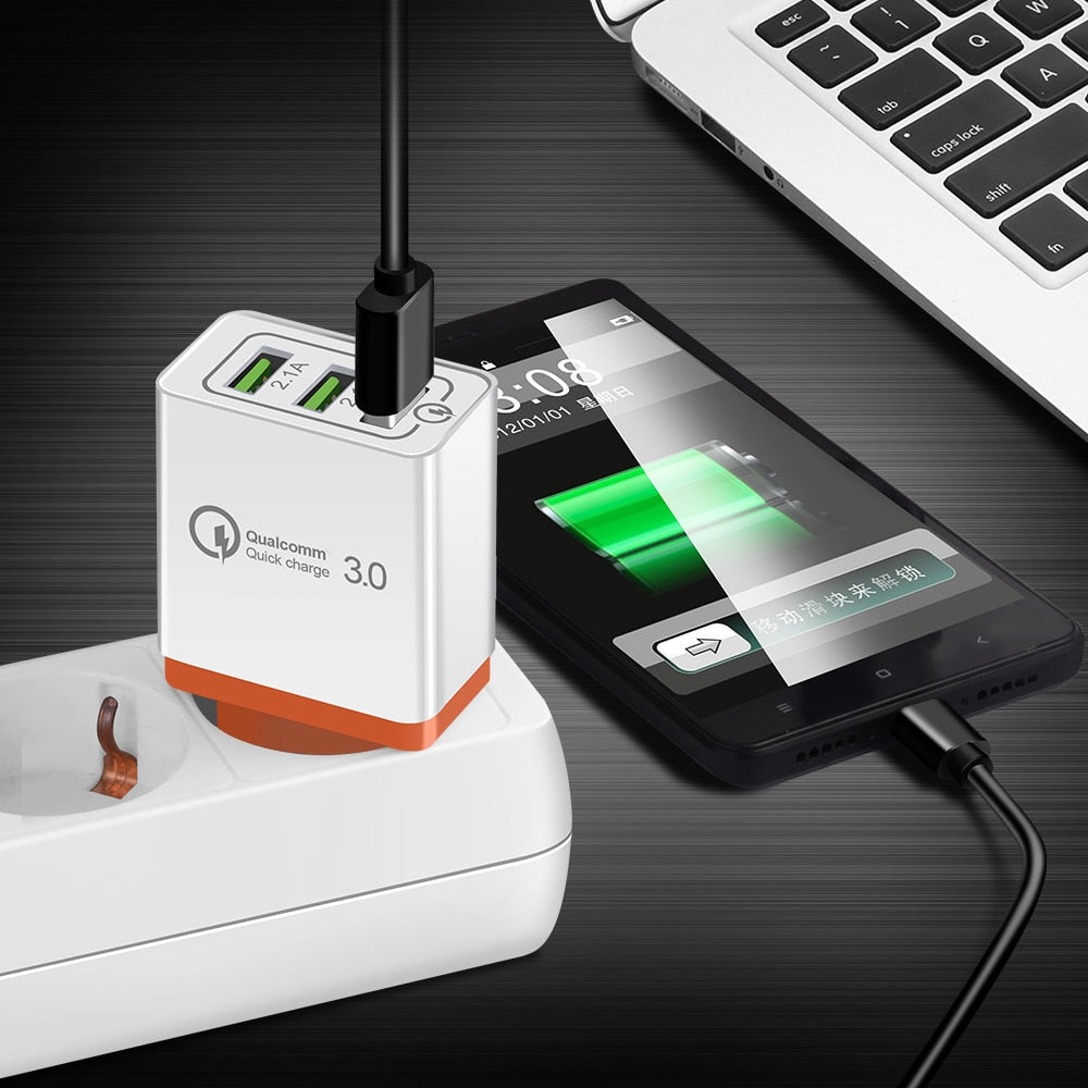Carregador USB 18W Quick Charge 3.0 com 3 Portas — 5V/3A, Ficha EU/US, para iPhone e Android - Telejacob Shop
