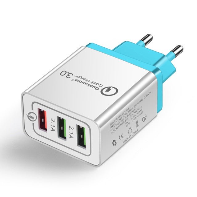 Carregador USB 18W Quick Charge 3.0 com 3 Portas — 5V/3A, Ficha EU/US, para iPhone e Android - Telejacob Shop