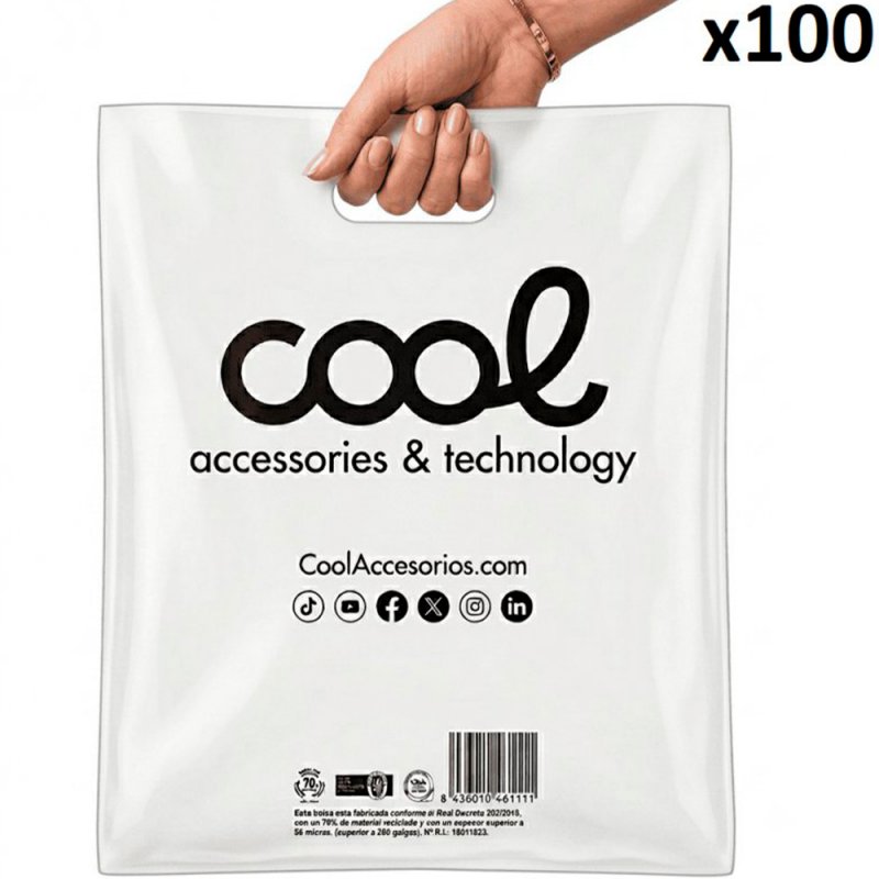Pack 100 Bolsas Plástico Blancas 70% Reciclado COOL Grandes (51 x 40 cm)
