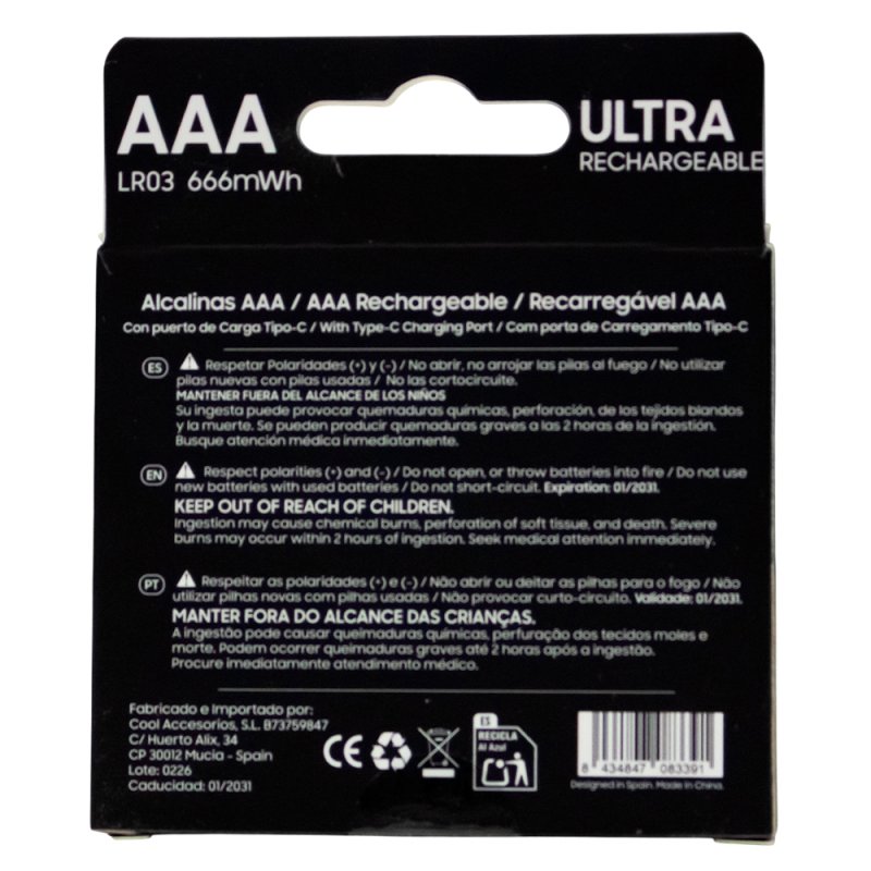 Pilas Alcalinas Recargables TIPO-C AAA LR03 COOL (Pack 4 uds)