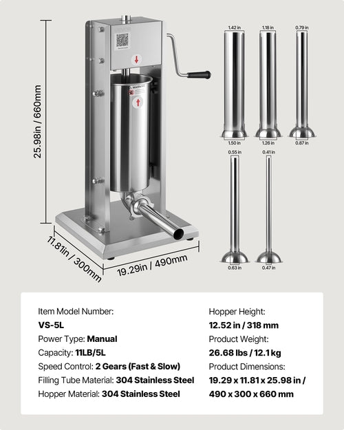 Manual Sausage Stuffer, 11 LBS / 5 L Vertical Meat Stuffer, Dual-Speed