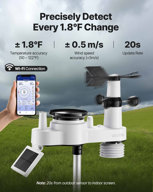 7-in-1 Wi-Fi Weather Station with APP, 190.5 mm VA Display, Wireless