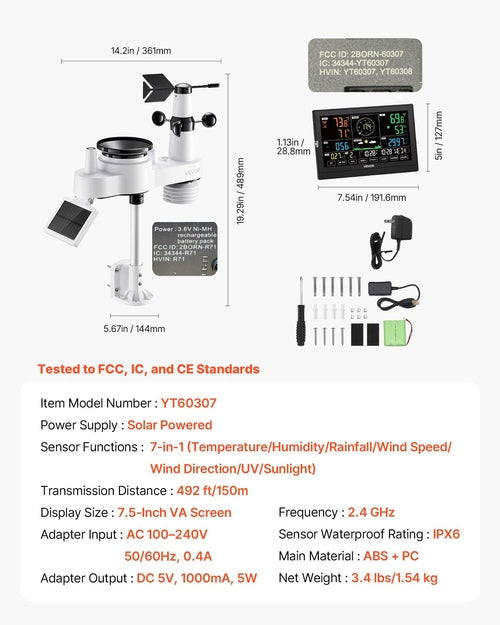 7-in-1 Wi-Fi Weather Station with APP, 190.5 mm VA Display, Wireless
